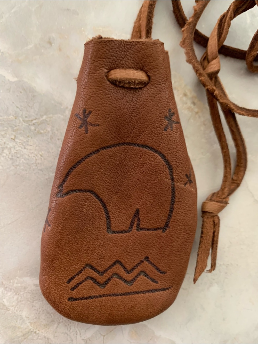 Bear Totem Deerskin Leather Neck Medicine Bag Pouch with Drawstring